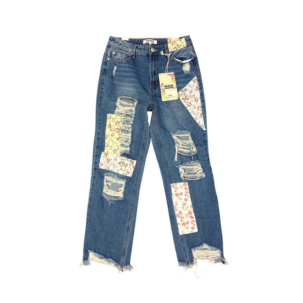 NEW Patchwork Floral Distressed Wide Leg Cropped Jeans Size 7 Cottage Boho